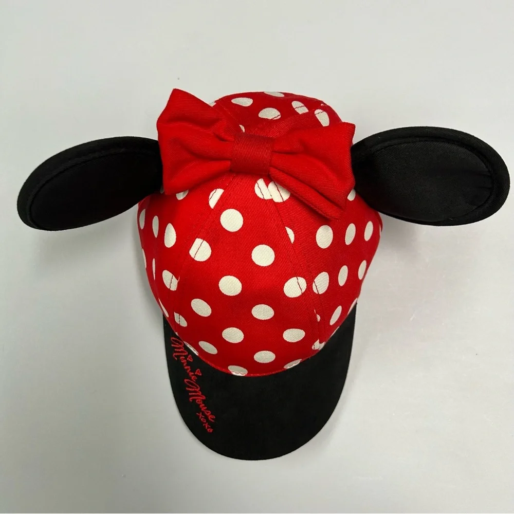 Disney Parks Minnie Mouse Ballcap Hat Youth Ears Bow Embroidery Red Polka‎ Dot